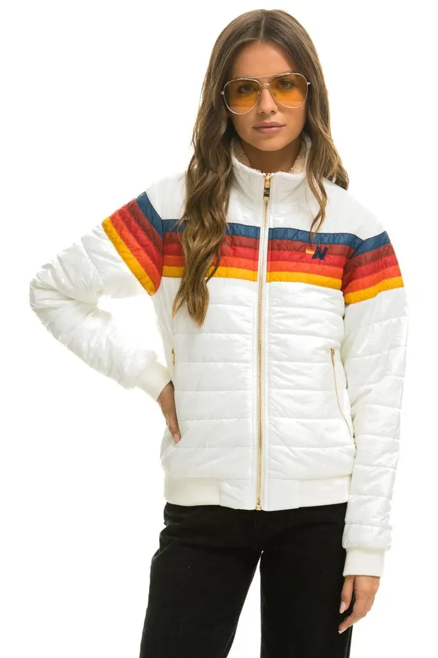 Women Outerwear Aviator Nation 5 STRIPE RAINBOW SLEEVE JACKET 8211 WHITE GLOSSY