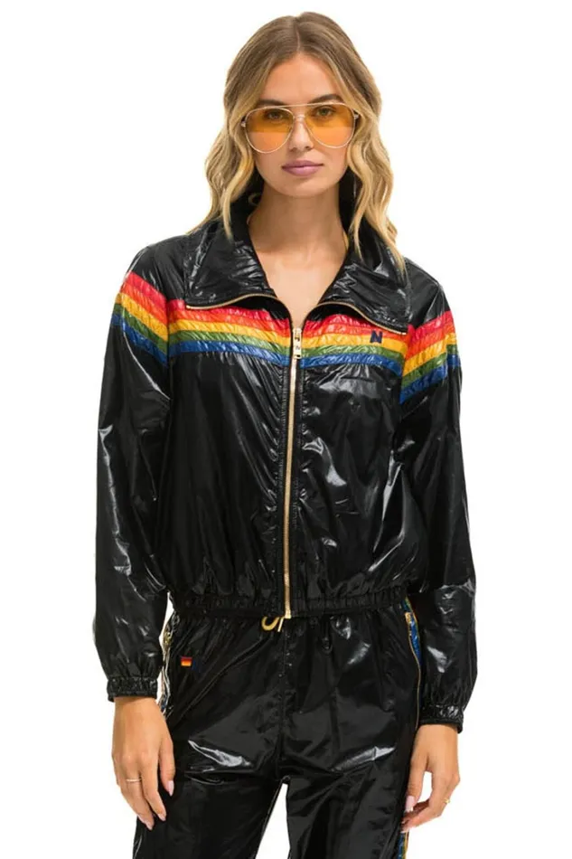 Women Outerwear Aviator Nation 5 STRIPE WINDBREAKER 8211 BLACK GLOSSY