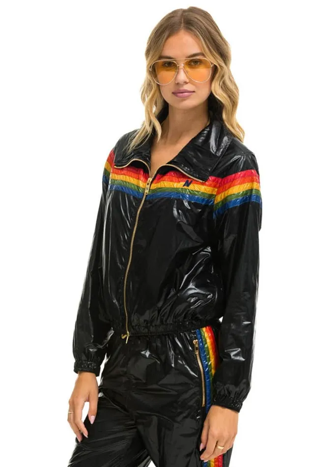 Women Outerwear Aviator Nation 5 STRIPE WINDBREAKER 8211 BLACK GLOSSY