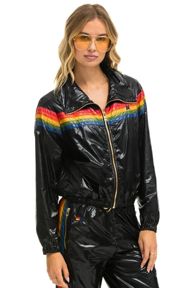 Women Outerwear Aviator Nation 5 STRIPE WINDBREAKER 8211 BLACK GLOSSY