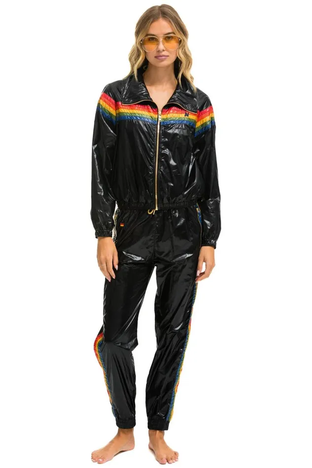 Women Outerwear Aviator Nation 5 STRIPE WINDBREAKER 8211 BLACK GLOSSY