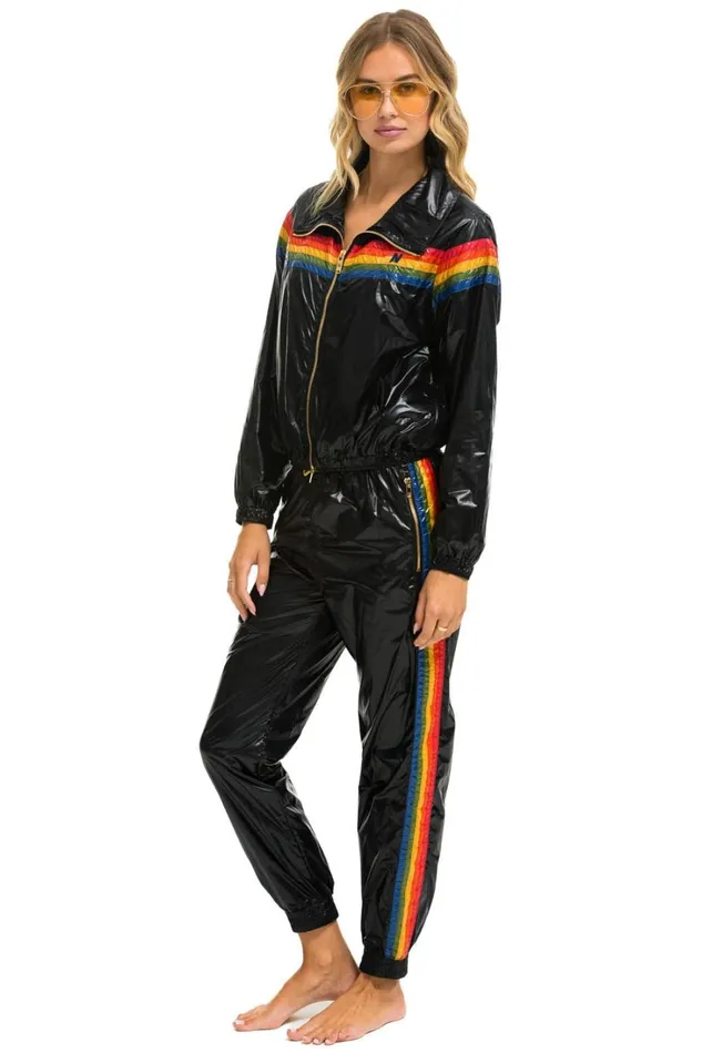 Women Outerwear Aviator Nation 5 STRIPE WINDBREAKER 8211 BLACK GLOSSY