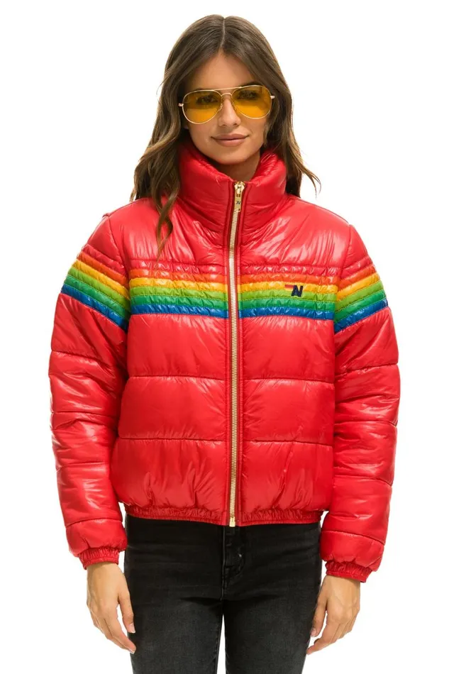 Women Outerwear Aviator Nation 6 STRIPE LUXE APRES PUFFER JACKET 8211 GLOSSY CHERRY