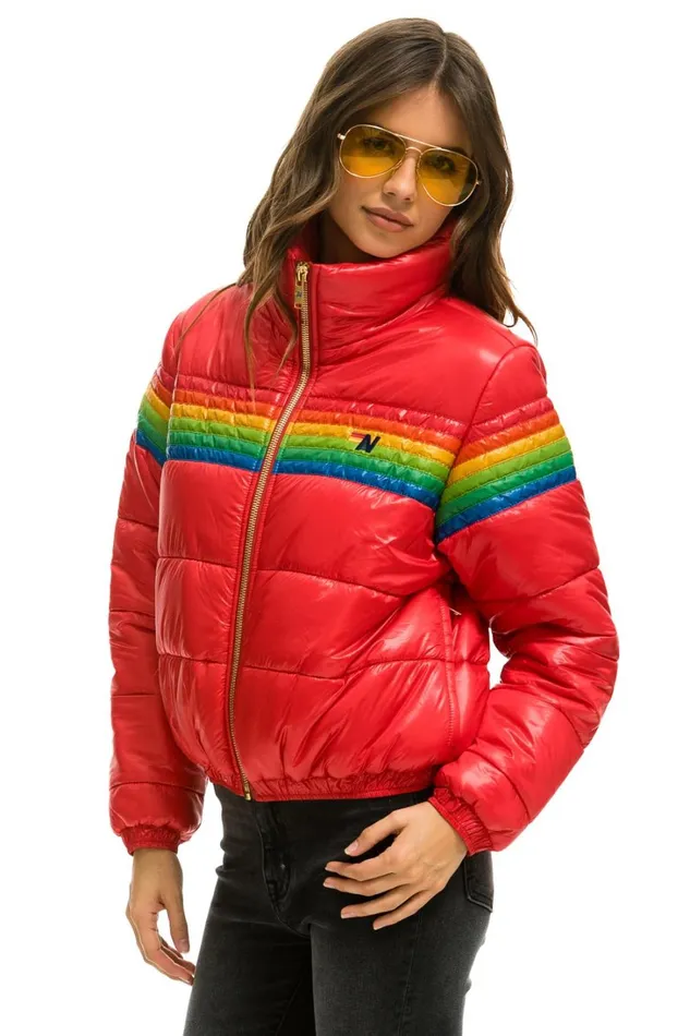 Women Outerwear Aviator Nation 6 STRIPE LUXE APRES PUFFER JACKET 8211 GLOSSY CHERRY Women Outerwear Aviator Nation 6 STRIPE LUXE APRES PUFFER JACKET 8211 GLOSSY CHERRY