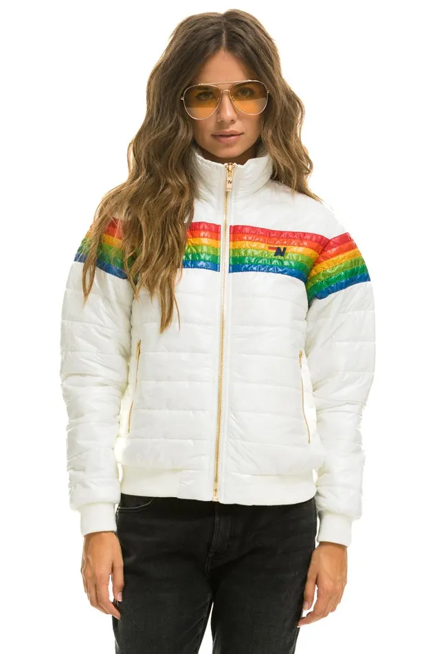 Women Outerwear Aviator Nation 6 STRIPE RAINBOW SLEEVE JACKET 8211 GLOSSY WHITE