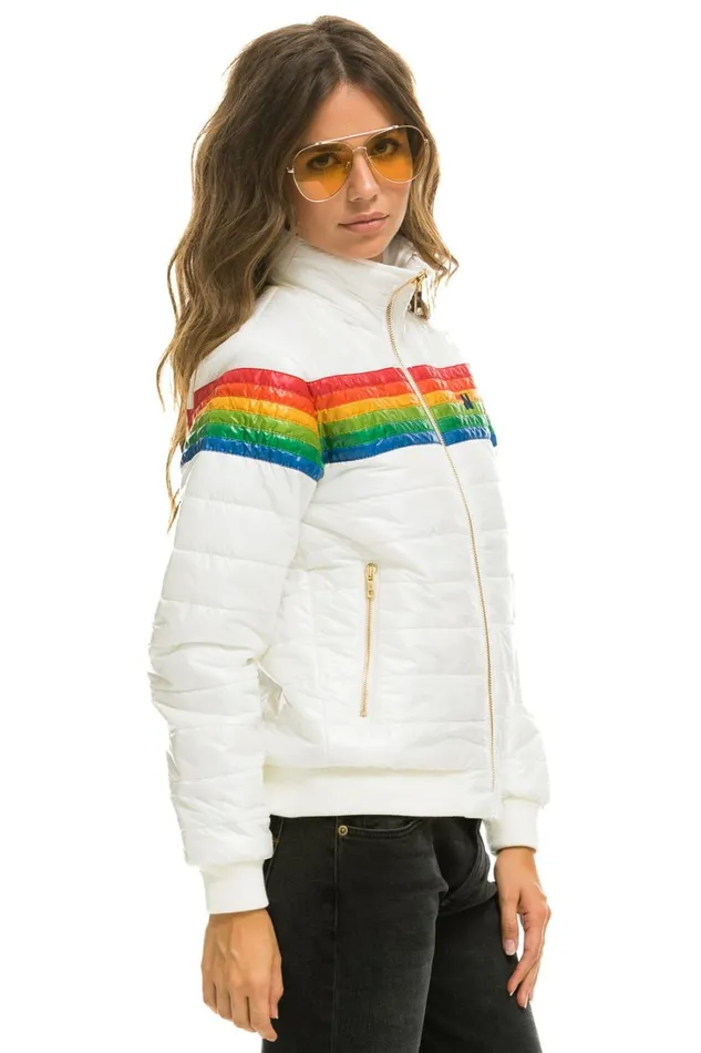 Women Outerwear Aviator Nation 6 STRIPE RAINBOW SLEEVE JACKET 8211 GLOSSY WHITE Women Outerwear Aviator Nation 6 STRIPE RAINBOW SLEEVE JACKET 8211 GLOSSY WHITE
