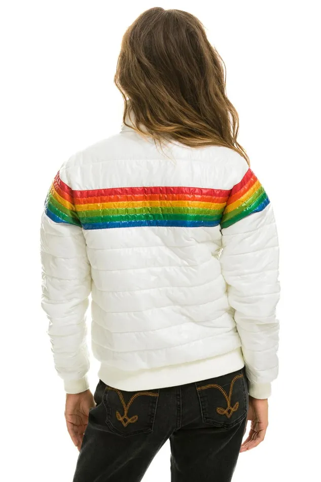 Women Outerwear Aviator Nation 6 STRIPE RAINBOW SLEEVE JACKET 8211 GLOSSY WHITE Women Outerwear Aviator Nation 6 STRIPE RAINBOW SLEEVE JACKET 8211 GLOSSY WHITE