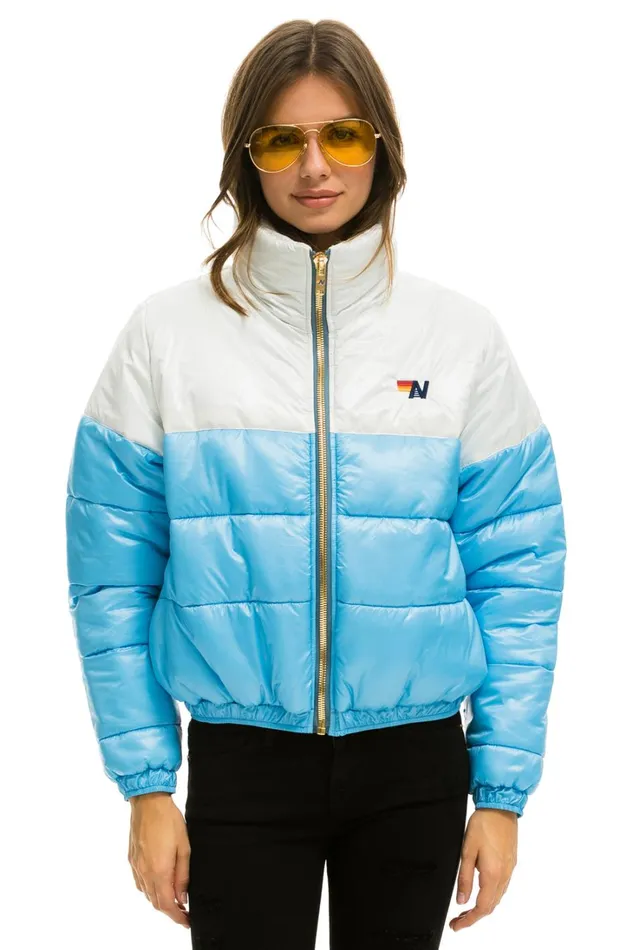 Women Outerwear Aviator Nation COLOR BLOCK HALF AND HALF APRES PUFFER JACKET 8211 WHITE GLOSSY