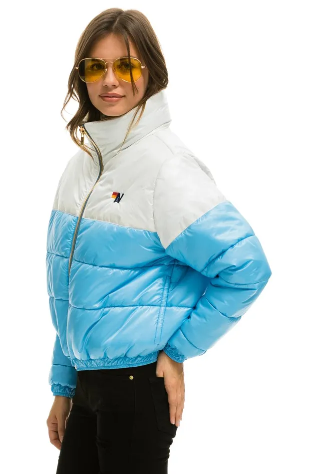Women Outerwear Aviator Nation COLOR BLOCK HALF AND HALF APRES PUFFER JACKET 8211 WHITE GLOSSY Women Outerwear Aviator Nation COLOR BLOCK HALF AND HALF APRES PUFFER JACKET 8211 WHITE GLOSSY