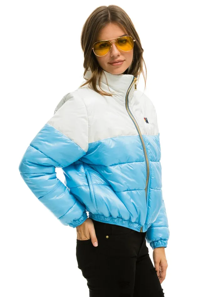 Women Outerwear Aviator Nation COLOR BLOCK HALF AND HALF APRES PUFFER JACKET 8211 WHITE GLOSSY Women Outerwear Aviator Nation COLOR BLOCK HALF AND HALF APRES PUFFER JACKET 8211 WHITE GLOSSY