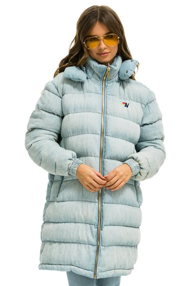 Women Outerwear Aviator Nation DENIM PUFFER LONG TREKKER JACKET 8211 SUPER LIGHT
