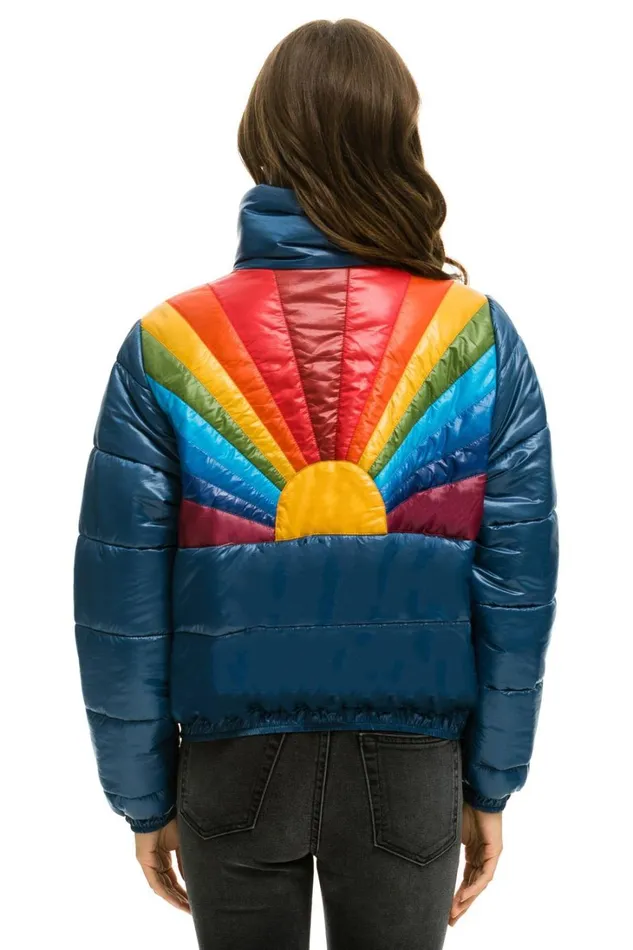 Women Outerwear Aviator Nation SUNBURST APRES PUFFER JACKET 8211 GLOSSY DEEP BLUE