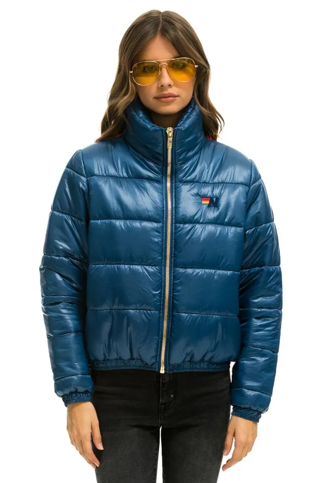 Women Outerwear Aviator Nation SUNBURST APRES PUFFER JACKET 8211 GLOSSY DEEP BLUE