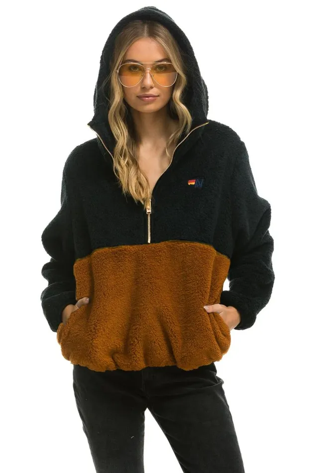 Women Outerwear Aviator Nation TEDDY UNISEX HOODED HALF ZIP COLOR BLOCK JACKET 8211 BLACK