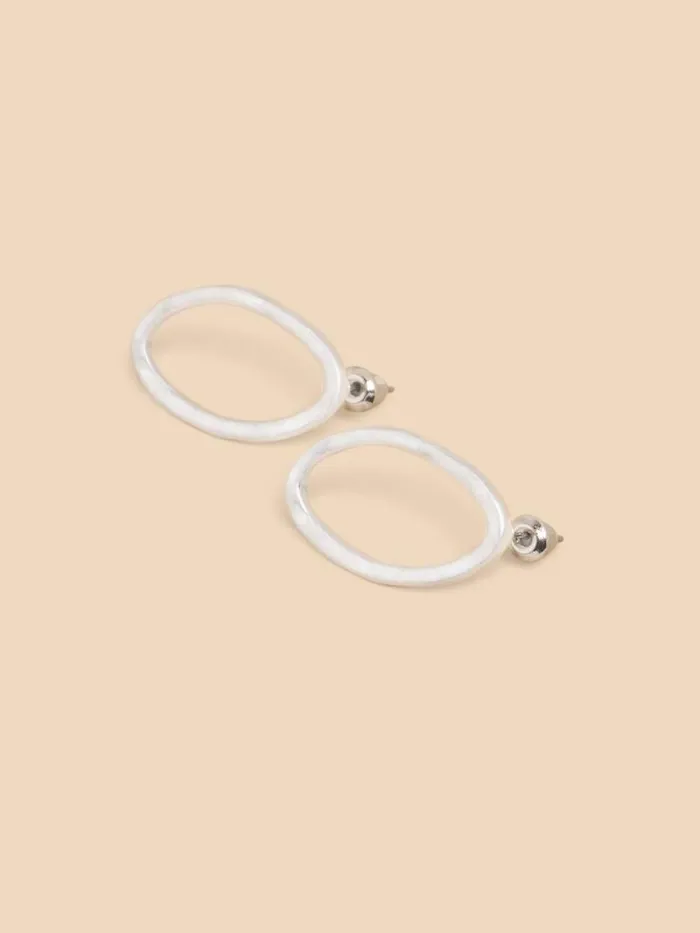 Women Oval Hammered Earrings Silver Tone Metallic White Stuff Jewellery