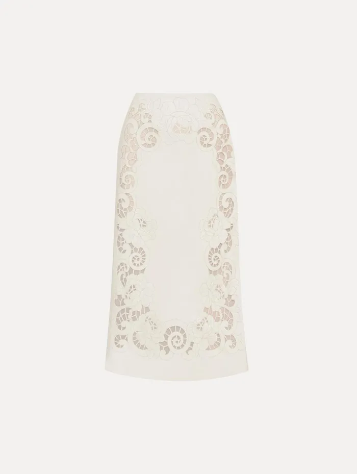 Women Pants and Skirts Oscar De La Renta Laser Cut Floral Leather Pencil Skirt White