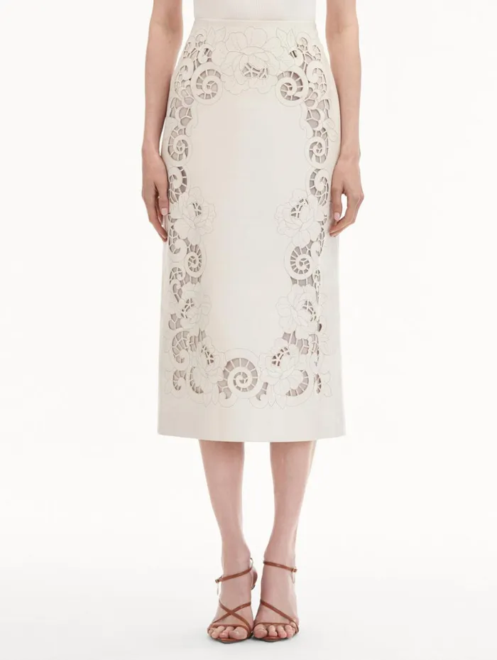 Women Pants and Skirts Oscar De La Renta Laser Cut Floral Leather Pencil Skirt White Women Pants and Skirts Oscar De La Renta Laser Cut Floral Leather Pencil Skirt White