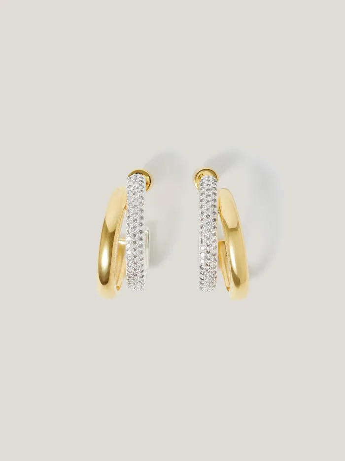 Women Pave Double Hoop Earring Gold Jigsaw Jewellery