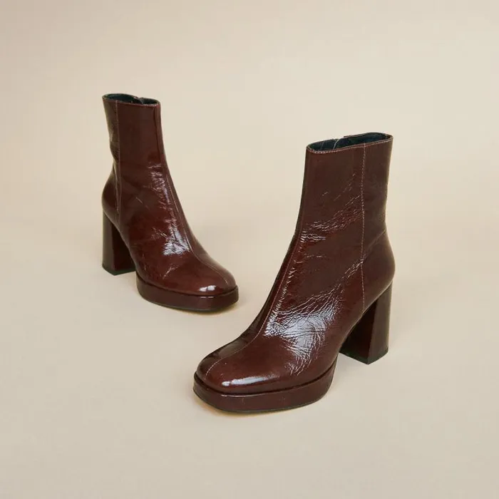Women Platform Ankle Boots With Square Toes Brown JONAK Ankle Boots Lowboots