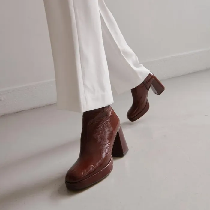 Women Platform Ankle Boots With Square Toes Brown JONAK Ankle Boots Lowboots