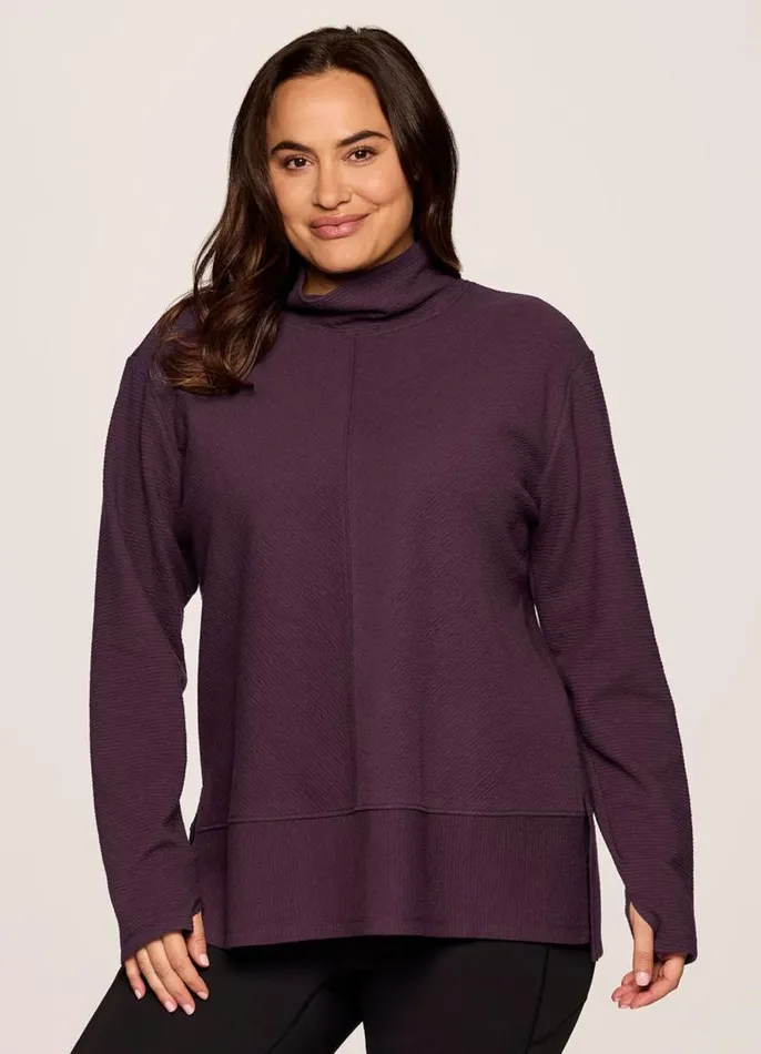 Women Plus Studio Jacquard Mock Neck Pullover Plum RBX Active Long Sleeve