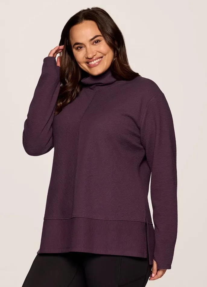 Women Plus Studio Jacquard Mock Neck Pullover Plum RBX Active Long Sleeve