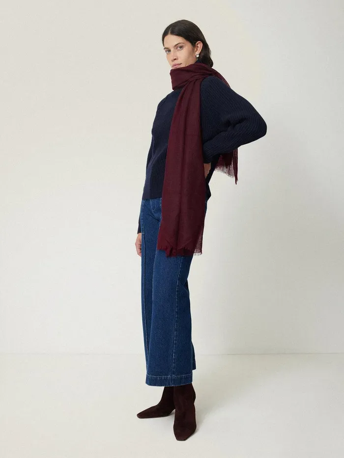 Women Pure Cashmere Gauze Scarf Burgundy Jigsaw Knitwear and Cashmere