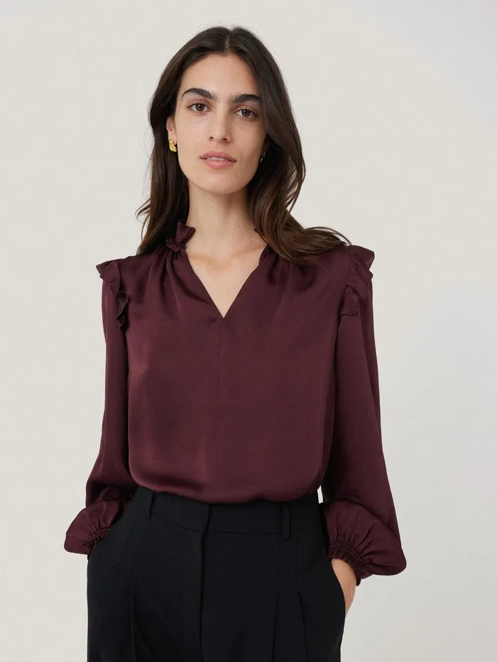 Women Recycled Satin Ruffle Top Burgundy Jigsaw Shirts and Tops