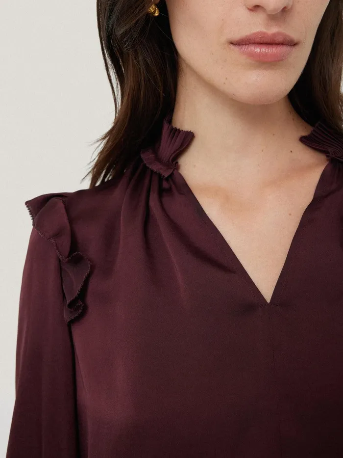 Women Recycled Satin Ruffle Top Burgundy Jigsaw Shirts and Tops