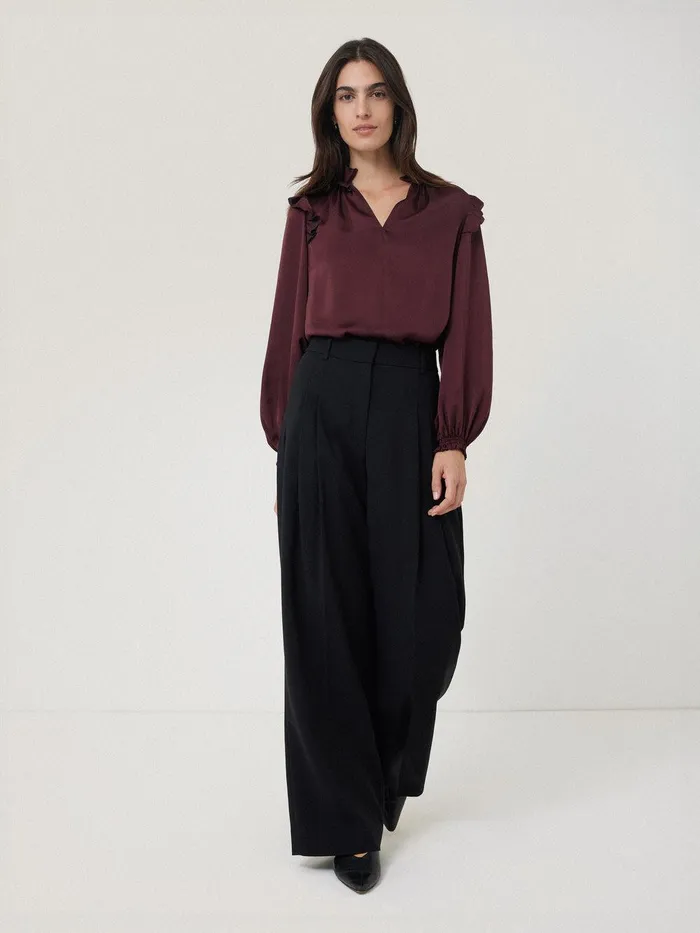Women Recycled Satin Ruffle Top Burgundy Jigsaw Shirts and Tops