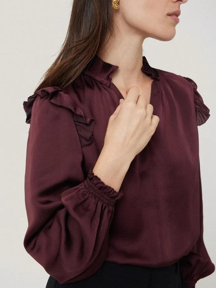 Women Recycled Satin Ruffle Top Burgundy Jigsaw Shirts and Tops