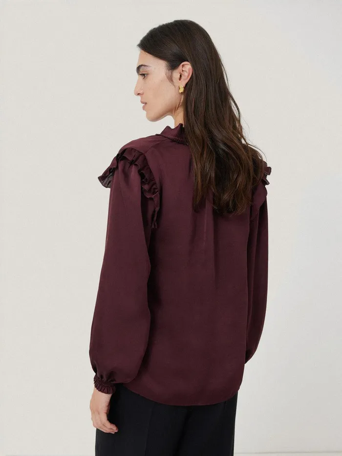 Women Recycled Satin Ruffle Top Burgundy Jigsaw Shirts and Tops