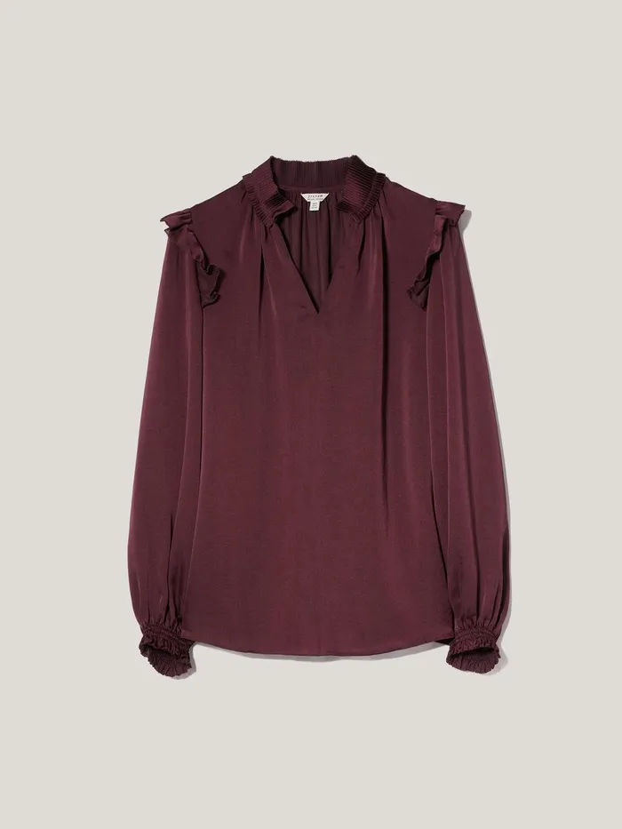 Women Recycled Satin Ruffle Top Burgundy Jigsaw Shirts and Tops