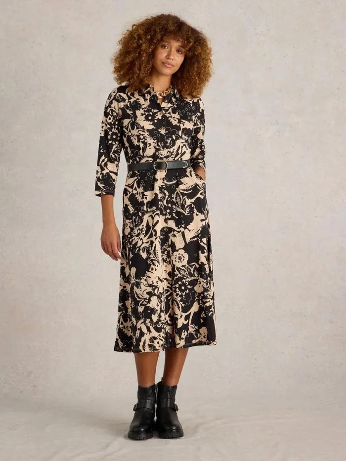 Women Rua Midi Jersey Shirt Dress Black Multi White Stuff Dresses