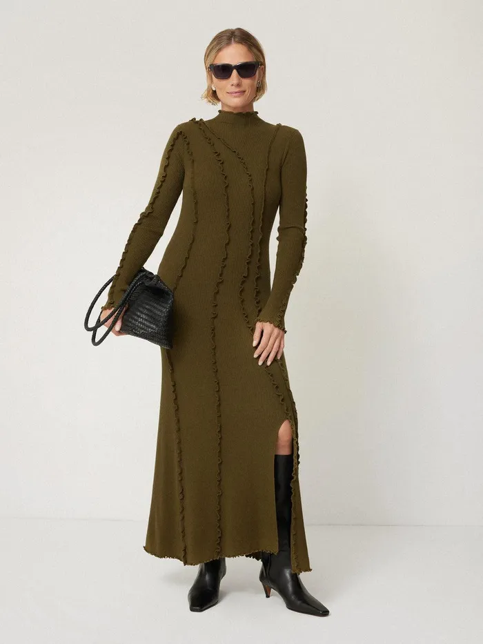 Women Ruffle Detail Knitted Dress Khaki Jigsaw Knitwear and Cashmere