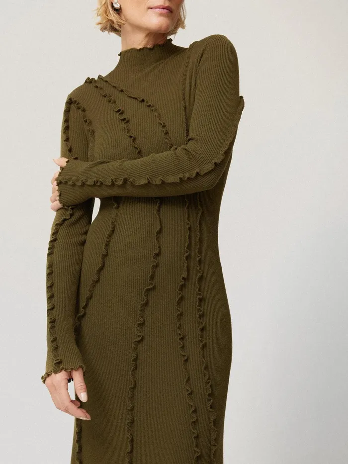 Women Ruffle Detail Knitted Dress Khaki Jigsaw Knitwear and Cashmere