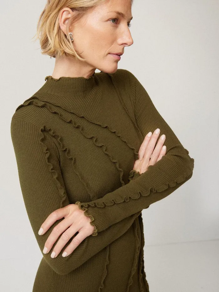 Women Ruffle Detail Knitted Dress Khaki Jigsaw Knitwear and Cashmere