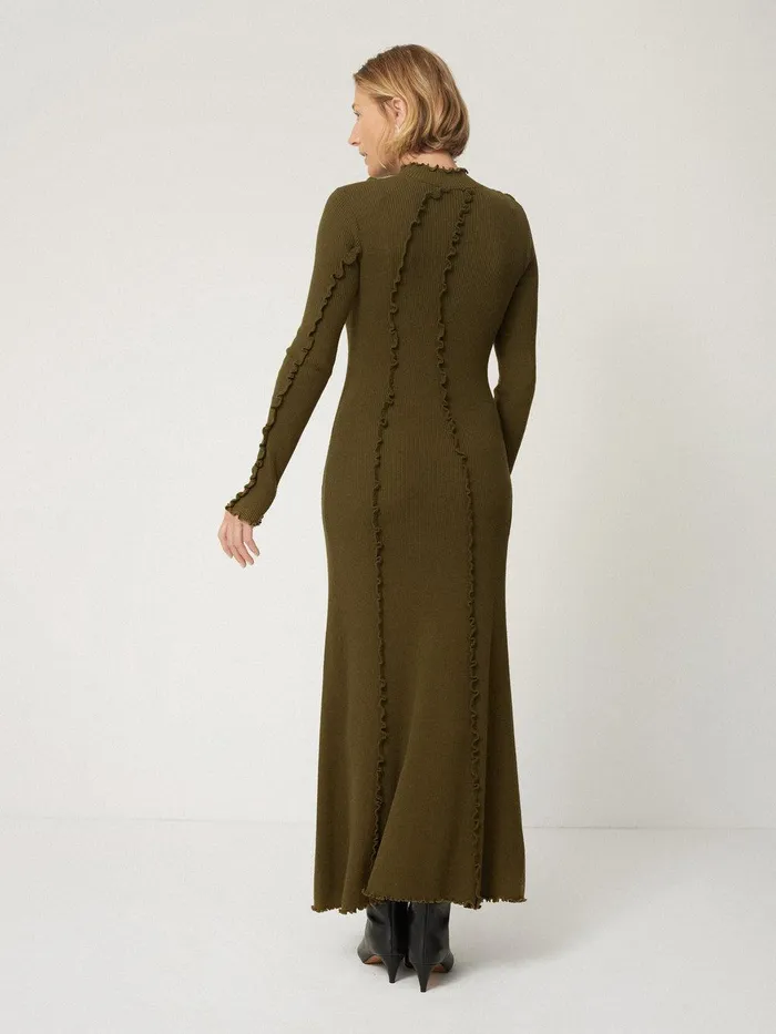 Women Ruffle Detail Knitted Dress Khaki Jigsaw Knitwear and Cashmere