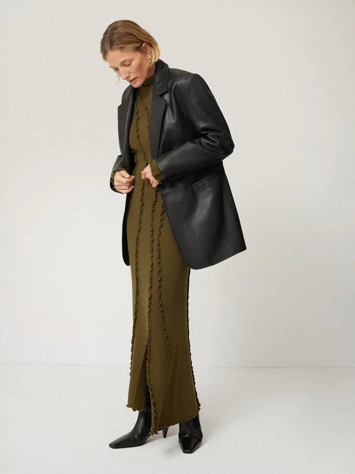 Women Ruffle Detail Knitted Dress Khaki Jigsaw Knitwear and Cashmere