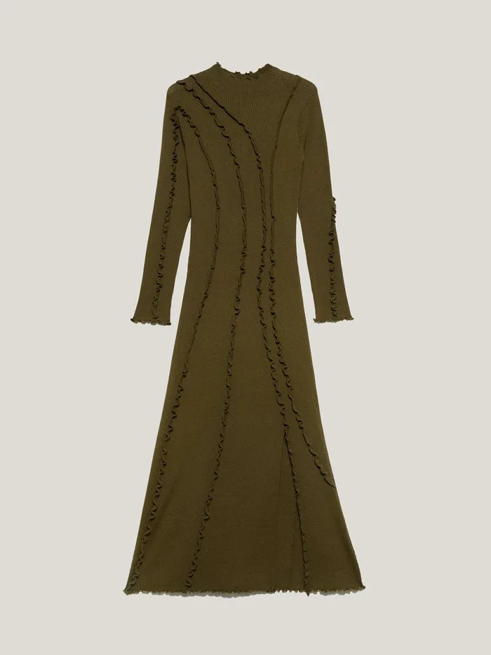 Women Ruffle Detail Knitted Dress Khaki Jigsaw Knitwear and Cashmere