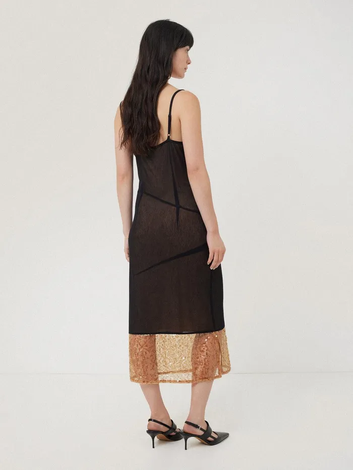 Women Sequin Mesh Dress Black Jigsaw Dresses and Jumpsuits