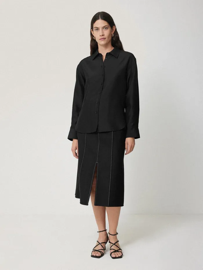 Women Silk Habotai Relaxed Shirt Black Jigsaw Shirts and Tops