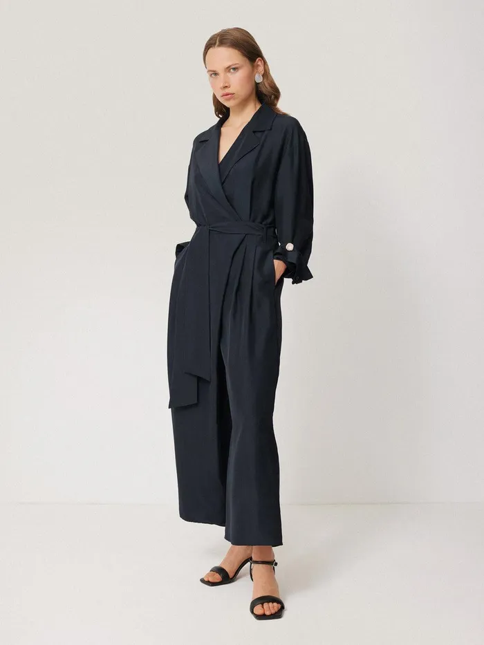 Women Silk Relaxed Wrap Jumpsuit Navy Jigsaw Dresses and Jumpsuits