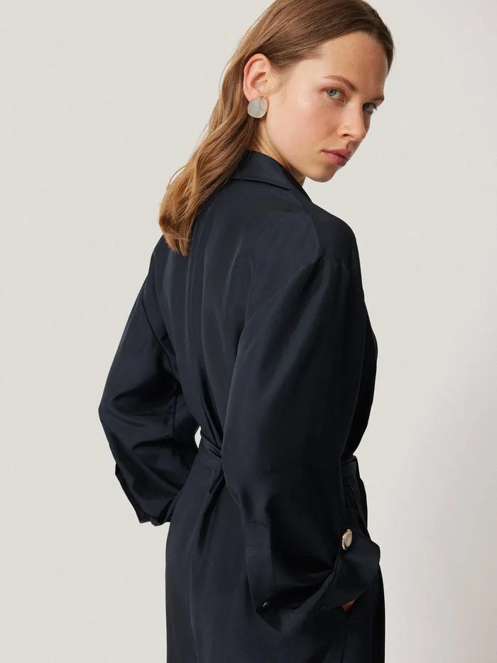 Women Silk Relaxed Wrap Jumpsuit Navy Jigsaw Dresses and Jumpsuits