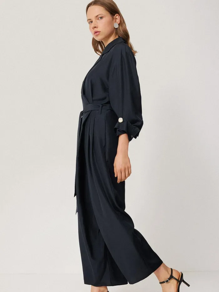 Women Silk Relaxed Wrap Jumpsuit Navy Jigsaw Dresses and Jumpsuits