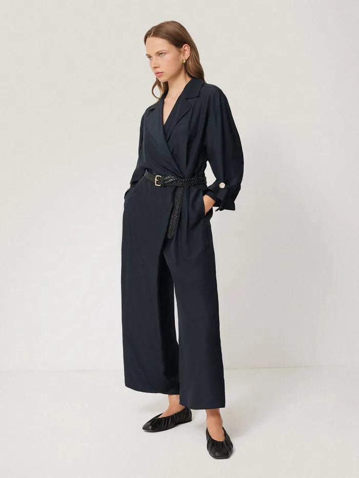 Women Silk Relaxed Wrap Jumpsuit Navy Jigsaw Dresses and Jumpsuits