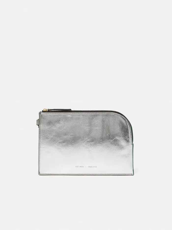 Women Sophia Metallic Leather Pouch Silver Jigsaw Party