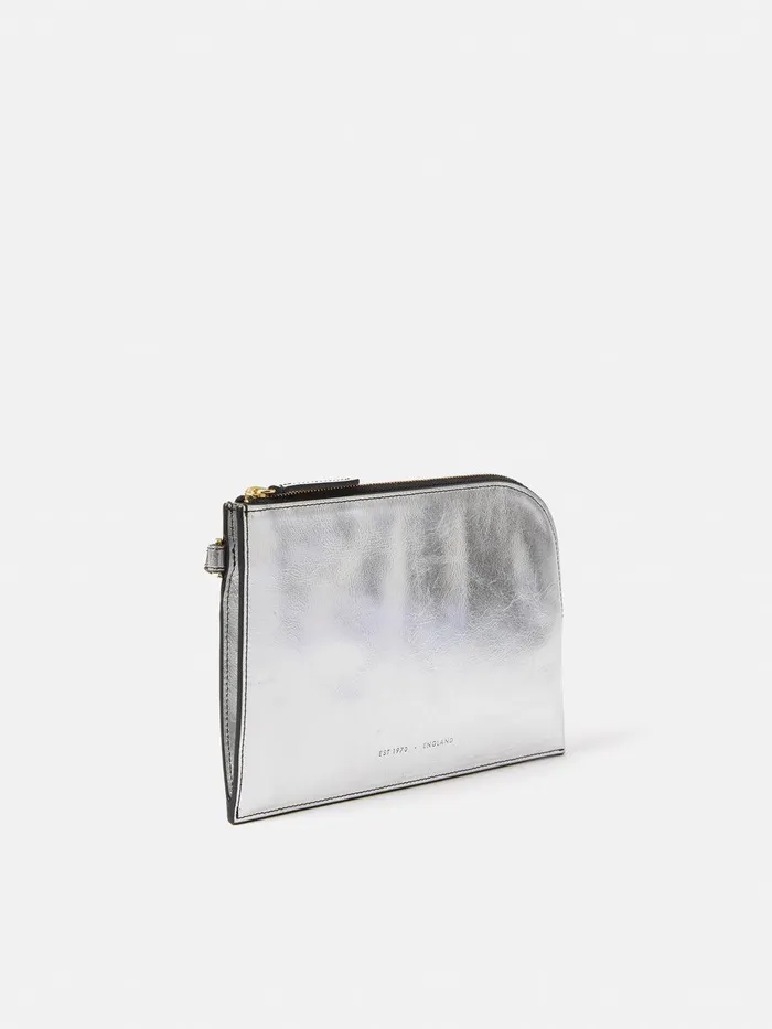 Women Sophia Metallic Leather Pouch Silver Jigsaw Party