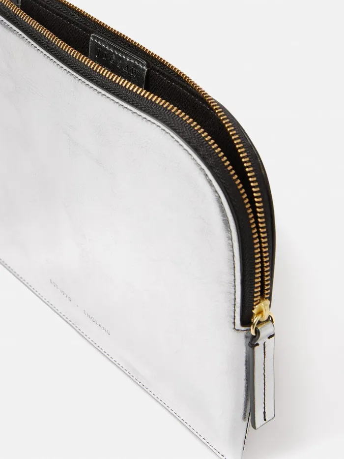 Women Sophia Metallic Leather Pouch Silver Jigsaw Party