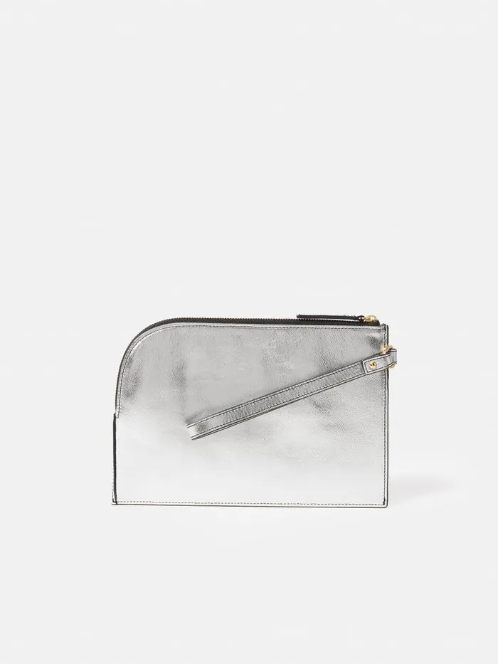 Women Sophia Metallic Leather Pouch Silver Jigsaw Party